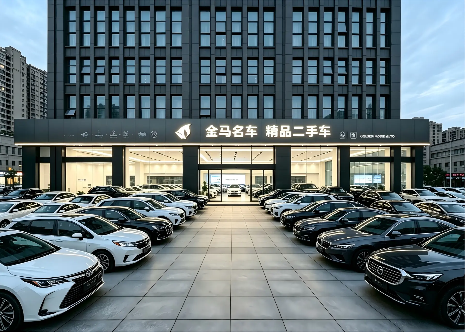Jinma used car dealership showroom with rows of inspected vehicles on display